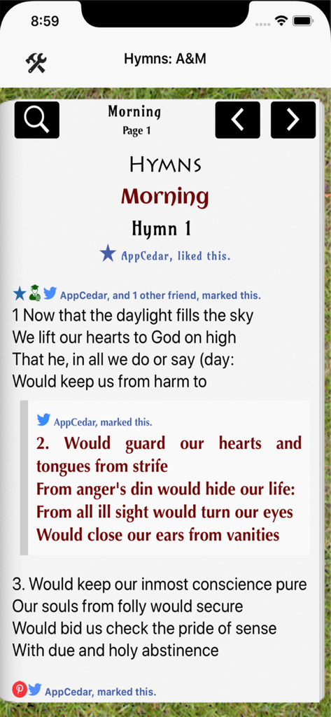 Hymn Book - The Hymn Book app displaying traditional morning hymn lyrics with social sharing indicators