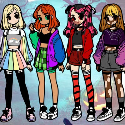 one girl with crop-top shirt and a jacket with a skirt, long socks and another girl with a shirt and pants with a jacket