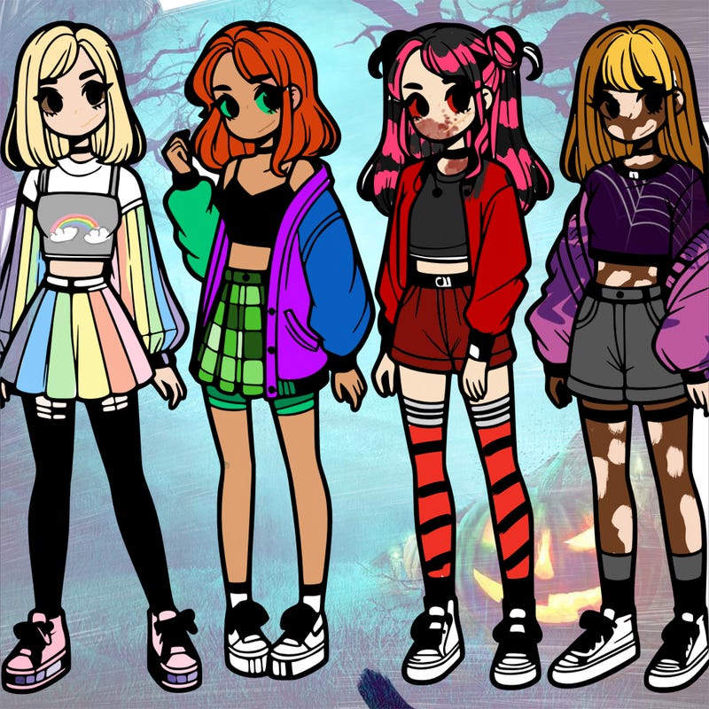 one girl with crop-top shirt and a jacket with a skirt, long socks and another girl with a shirt and pants with a jacket