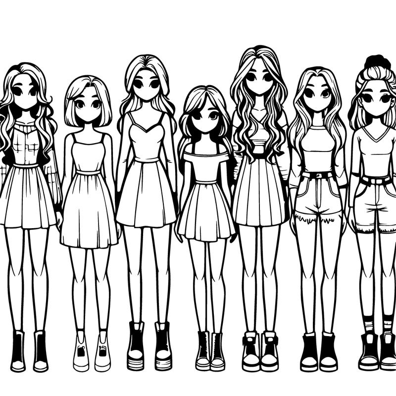 seven realistic girls standing up next to each other