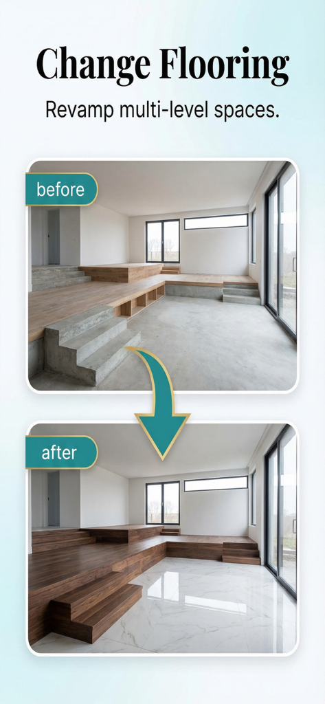 AI Home Design: Makeover,Decor - Aplicación de diseño de interiores con IA que muestra una renovación de suelo de antes y después para un espacio de varios niveles.