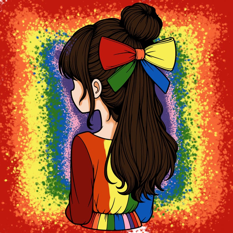 realistic girl  with hip length hair a bun and a big bow on the back of head