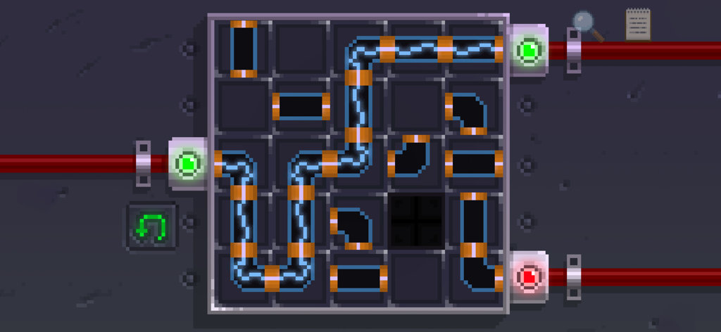 The Darkside Detective - A pixel art mini game showing a pipe connection puzzle with glowing blue energy in The Darkside Detective.
