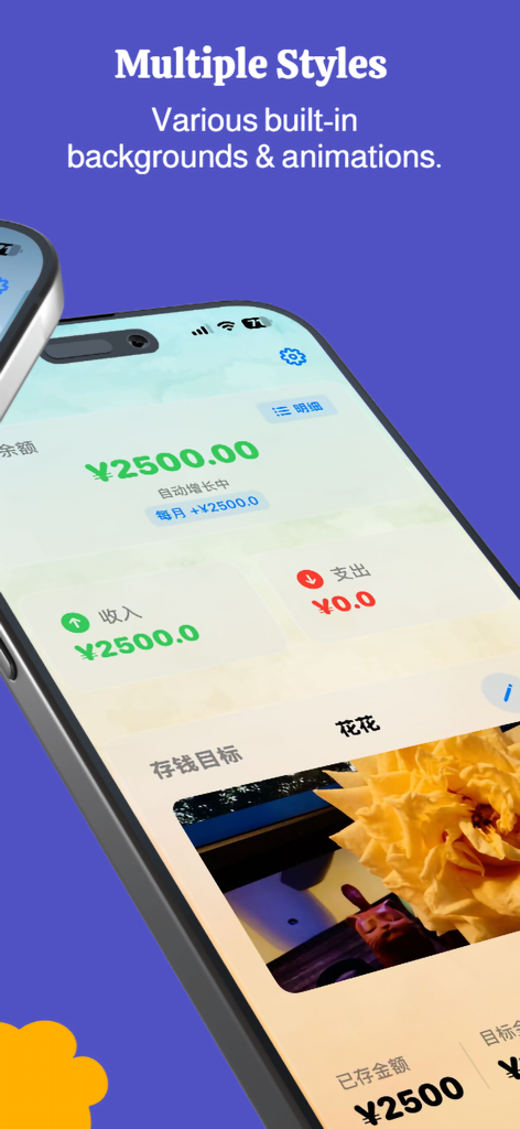 Kids' Digital Piggy Bank - A mobile phone displaying the Kids Digital Piggy Bank app interface with customizable backgrounds and financial tracking features