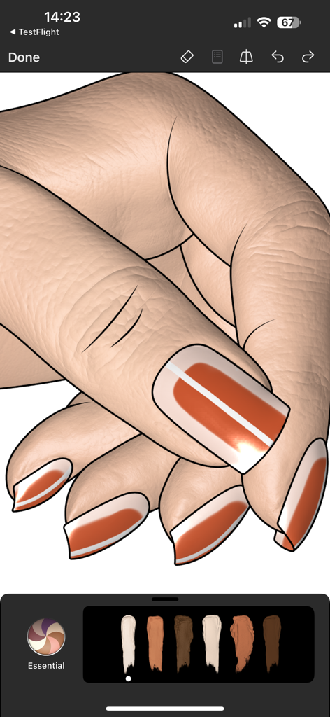 Digital nail art design with orange polish and skin tone swatches in the Pret-a-Makeup app