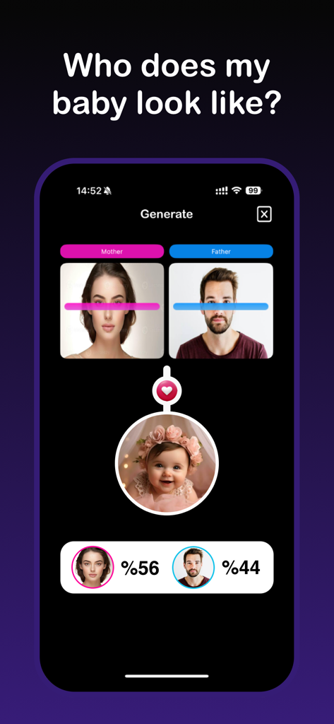 Baby Generator • Baby Maker - Mobile app interface showing AI generated baby and parent resemblance analysis percentages
