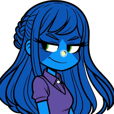 a girl with long hair, smirk on face