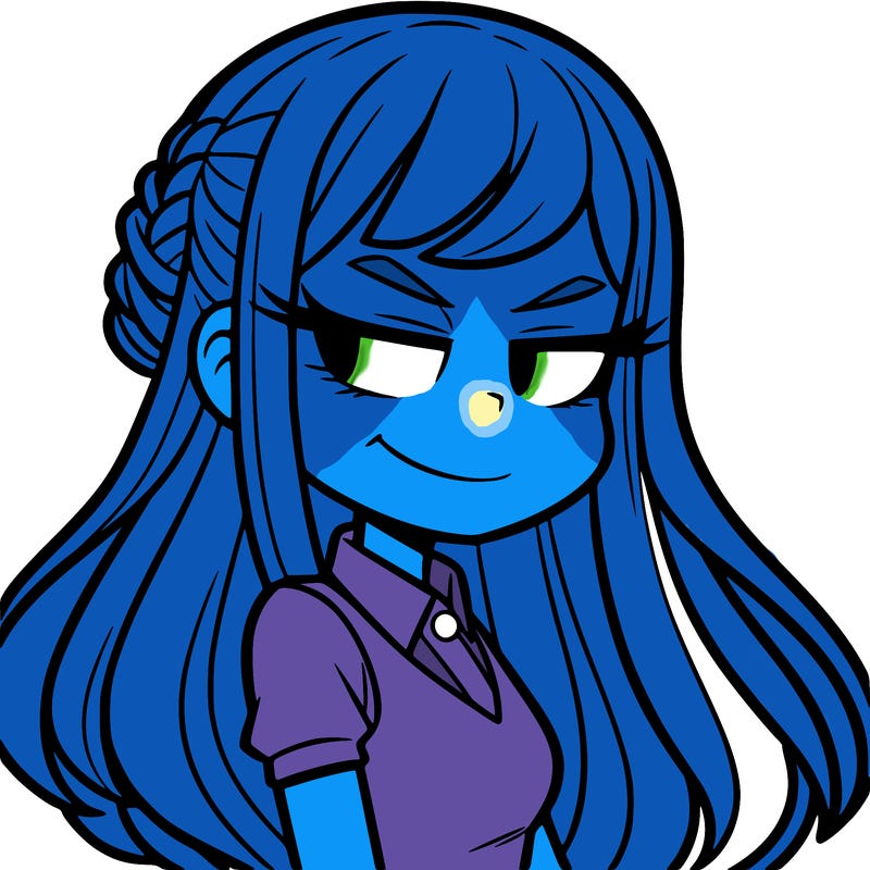 a girl with long hair, smirk on face