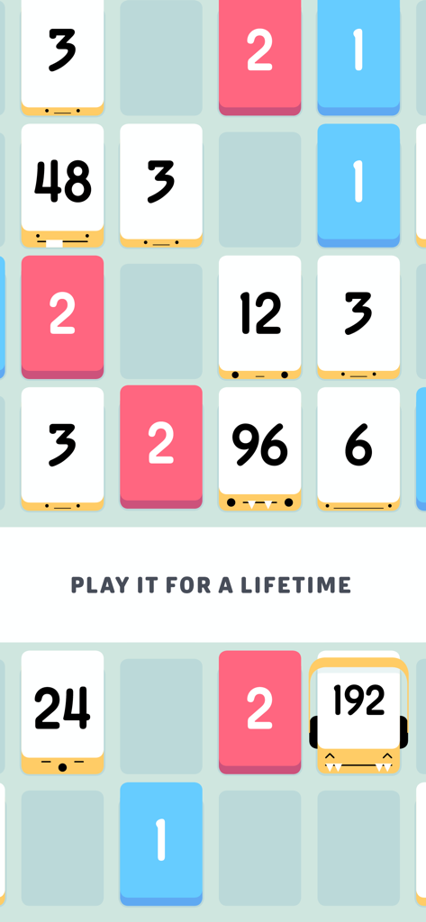 Threes! - Gameplay-Screenshot von Threes mit bunten nummerierten Kacheln mit niedlichen Gesichtern auf einem minimalistischen Raster.