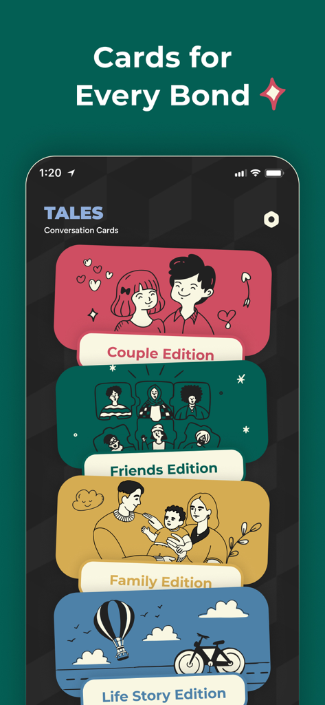 Interfaz de la aplicación Tales que muestra mazos de cartas de conversación temáticas, incluidas las ediciones para Parejas, Amigos y Familia.
