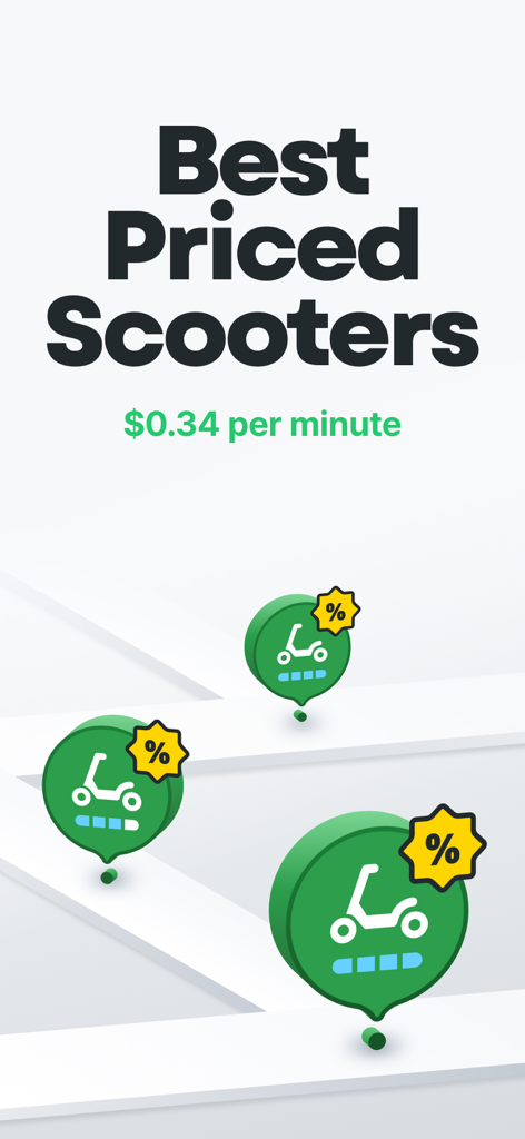 GCOO - GCOO mobile App-Bildschirm mit Preisen für Rollerverleih für 0,34 Dollar pro Minute mit Kartensymbolen, die Fahrzeugstandorte und Rabatte anzeigen