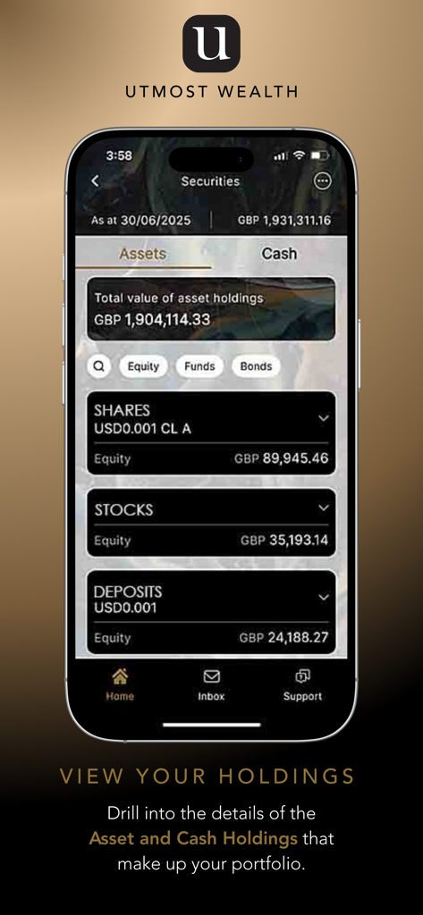 Utmost Wealth mobile app showing asset holdings and portfolio valuations.