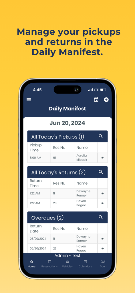 HQ Rentals - Interface da aplicação móvel HQ Rentals mostrando o painel Daily Manifest com lista de recolhas, devoluções e alugueres em atraso