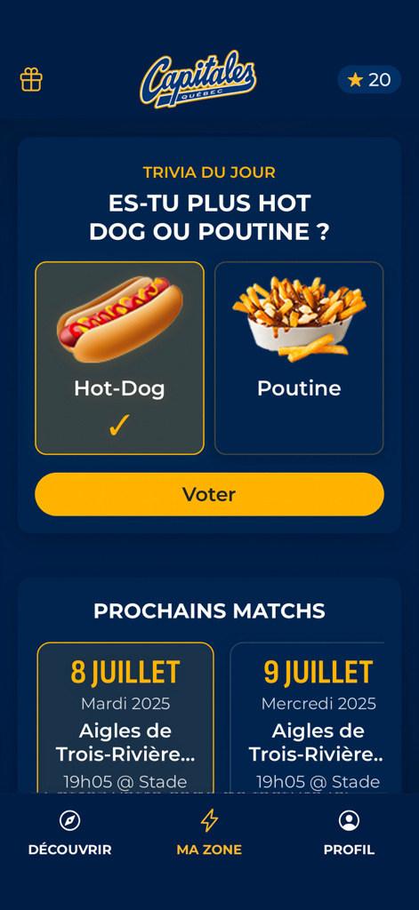 Capitales de Québec - Interface of the Capitales de Quebec mobile app showing a trivia quiz and upcoming match schedule