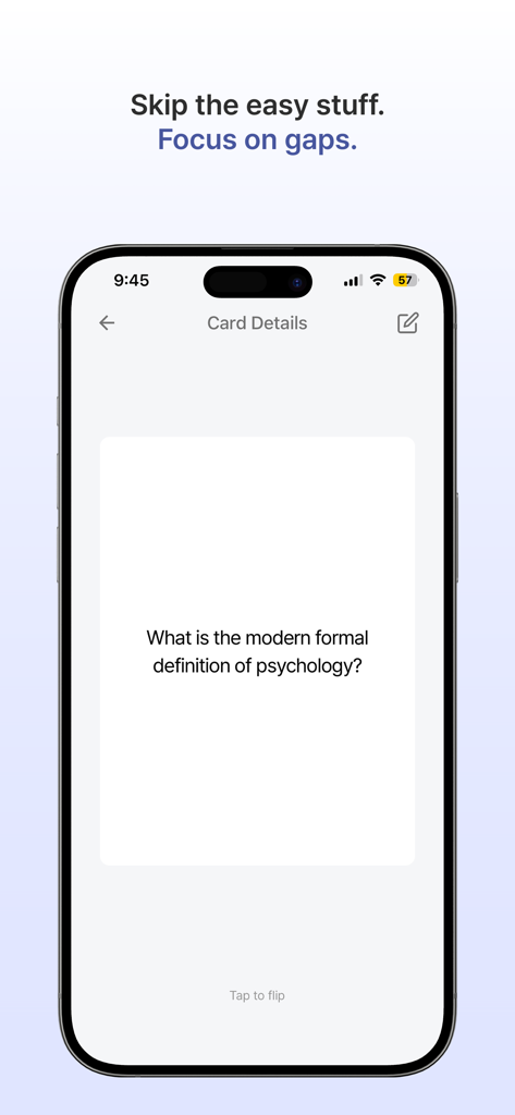 Flica - AI Flashcards - Interface de l'application mobile Flica montrant une carte mémo psychologique générée par IA avec le slogan Concentrez-vous sur les lacunes