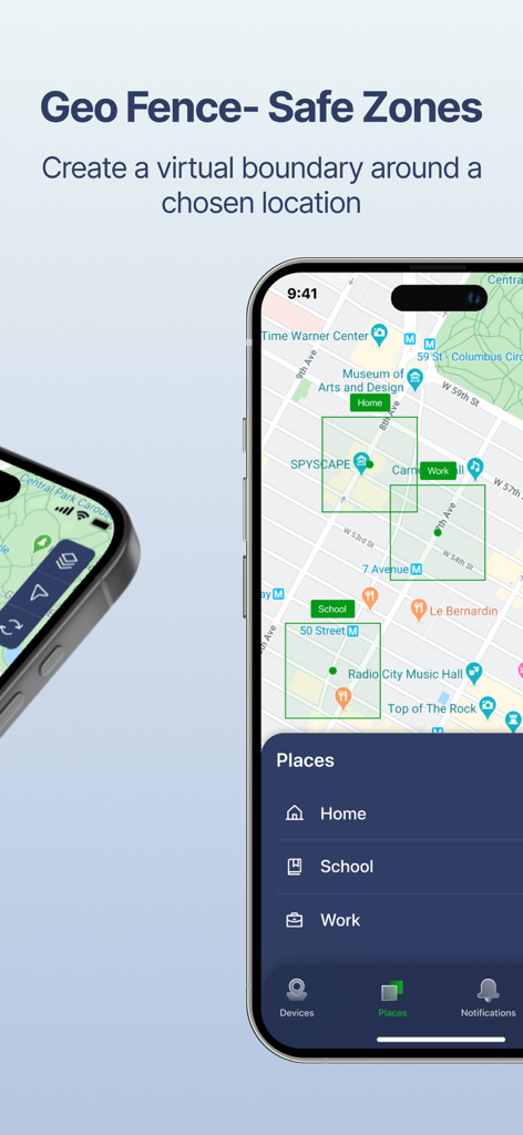 Interface de l'application Myloc8 montrant des zones de sécurité de géorepérage pour la maison, l'école et le travail sur une carte