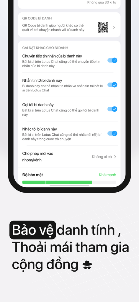 Lotus Chat mobile app interface showing privacy and security settings for identity protection and aliases.