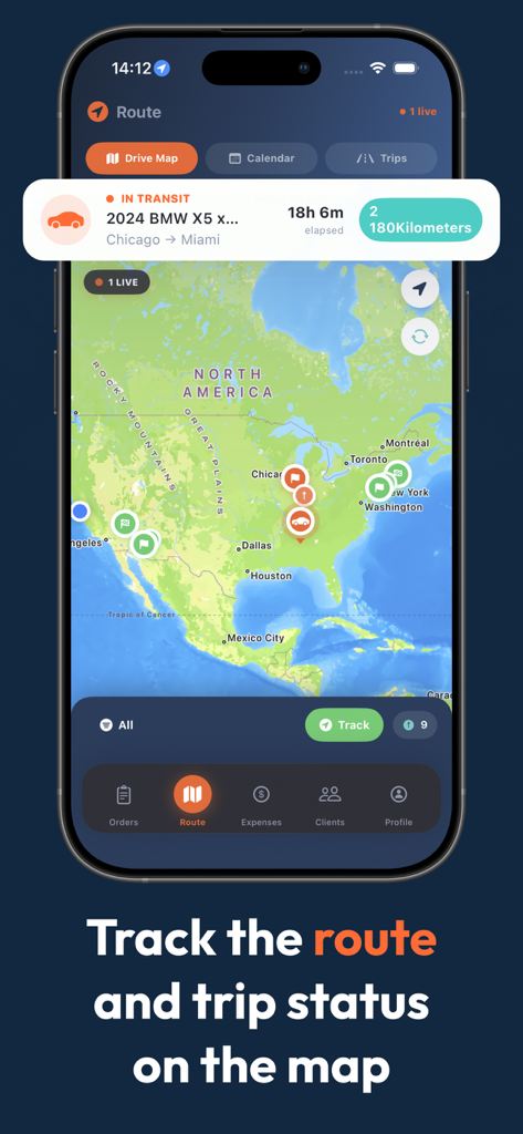 Drive Transit - Drive Transit App-Oberfläche, die Echtzeit-Fahrzeugroutenverfolgung auf einer Karte von Nordamerika anzeigt