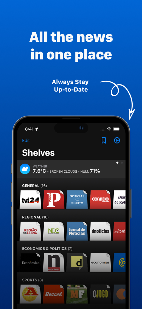 Portuguese Newspapers - Main screen of the Portuguese Newspapers app displaying categorized news publications and a weather widget.