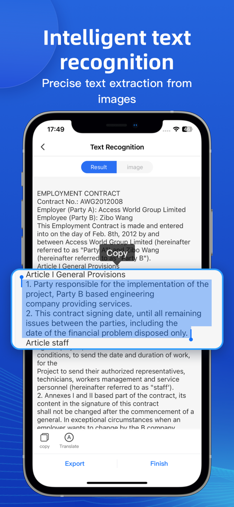 Smartphone screen showing intelligent text recognition and extraction from a scanned employment contract.