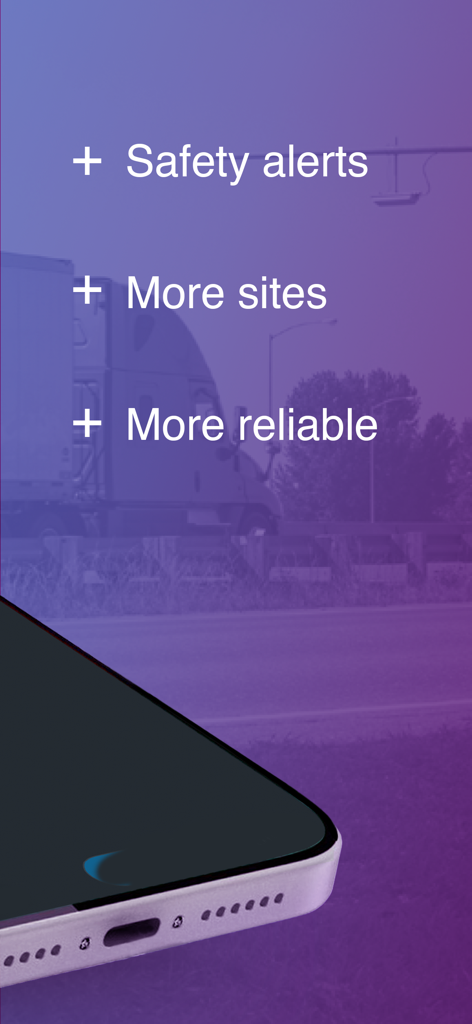 Interface de l'application PrePass montrant les alertes de sécurité et les avantages de fiabilité du site pour les camionneurs