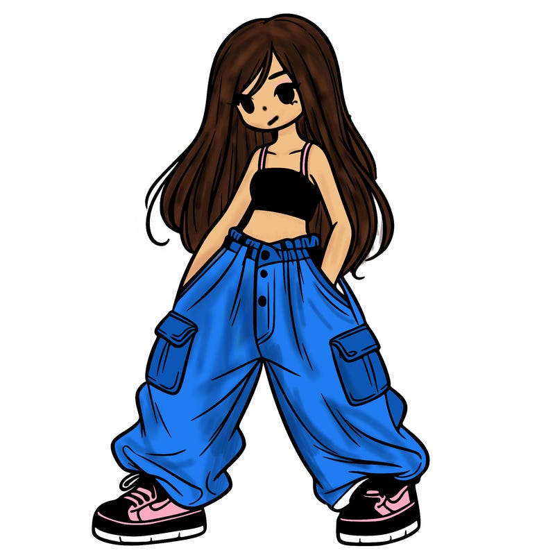 girl in baggy pants, crop top, and long hair