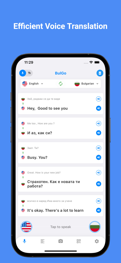 Captura de pantalla de la aplicación BulGo mostrando el historial de traducción de voz en tiempo real entre inglés y búlgaro