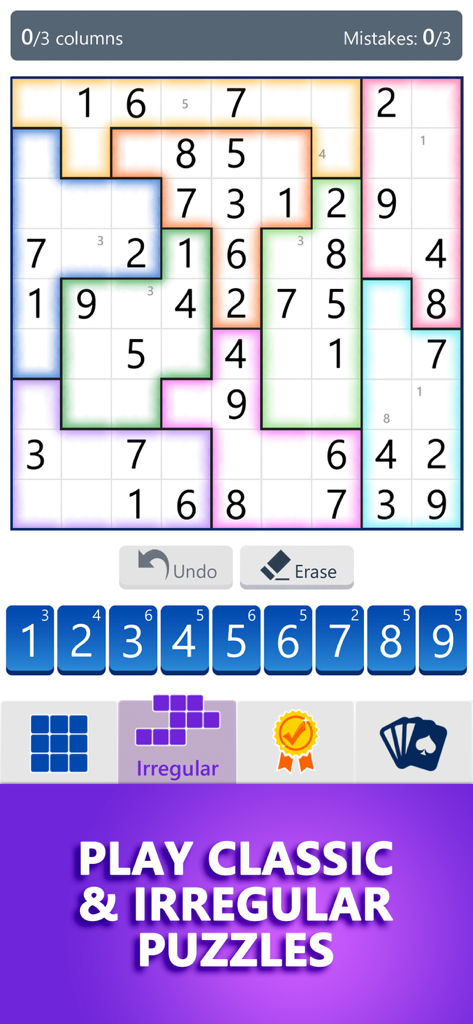 Microsoft Sudoku gameplay screen showing an irregular puzzle mode with color coded shapes instead of standard squares.