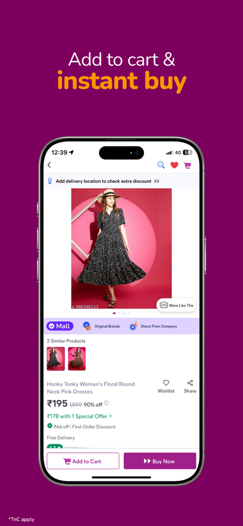 Meesho mobile app interface showing a womens floral dress product page with price and buy now buttons