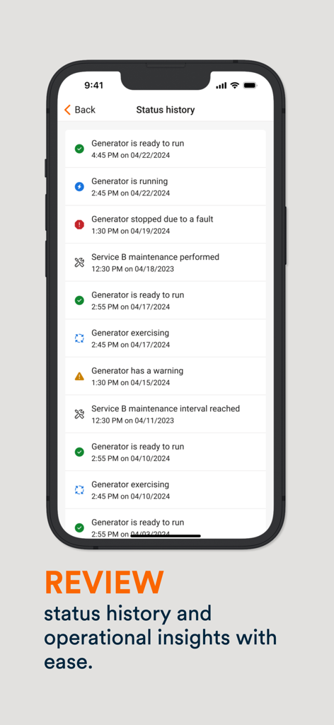 Mobile Link for Generators - Mobile Link app screen showing a detailed log of generator status history and maintenance records