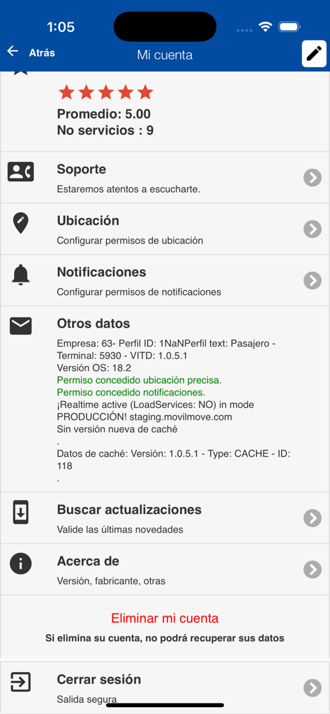 Pantalla de configuración de la cuenta de usuario en Skoll App que muestra opciones de menú para soporte, notificaciones de ubicación y datos del perfil técnico en español