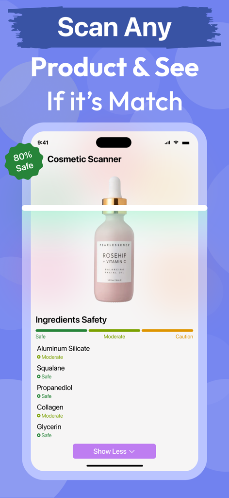 AI Skin Care Scanner・Acne Safe - AI Skin Care Scanner app interface showing a cosmetic product analysis and ingredients safety report with an 80 percent safe rating