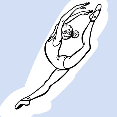 gymnast doing a leap in a leotard with a bent back leg