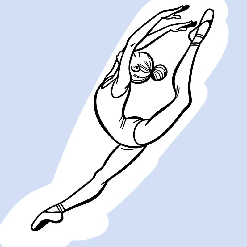 gymnast doing a leap in a leotard with a bent back leg