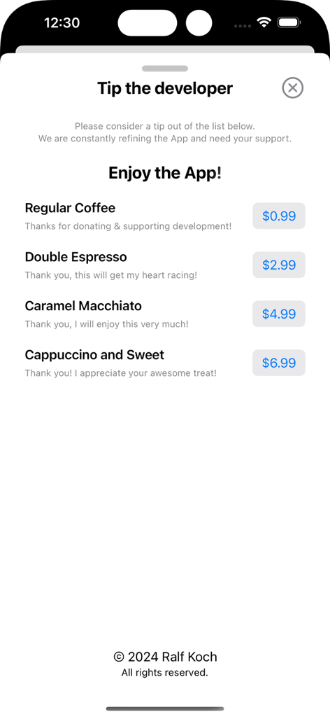 Counter - Tally Meister - Pantalla 'Tip the developer' (Dar propina al desarrollador) en la aplicación Tally Meister que muestra opciones de donación con temática de café que van desde 99 centavos hasta 6.99 dólares.