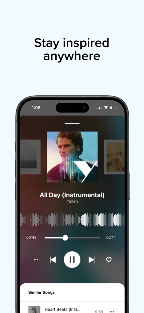 Audiio Pro - A mobile interface of the Audiio Pro app showing a music player for filmmakers to discover curated soundtracks.