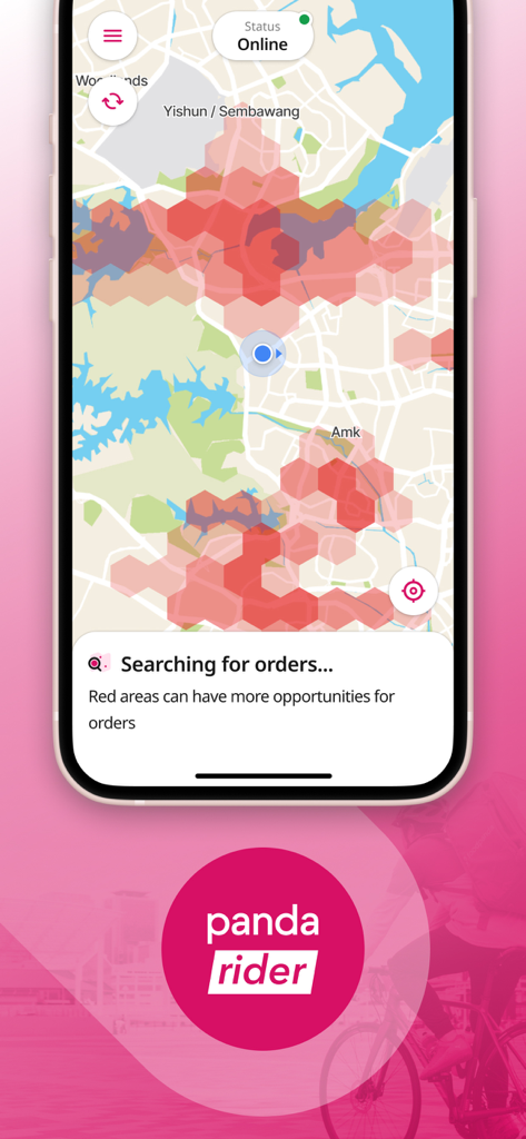 Interface de l'application foodpanda rider montrant une carte de la ville avec des cartes thermiques rouges indiquant les zones à forte demande de commandes.