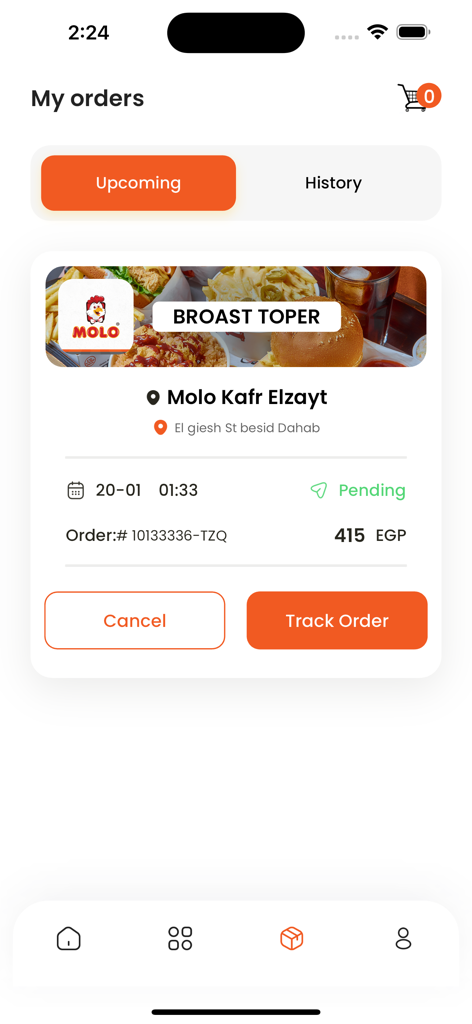 MOLO BROAST - MOLO BROAST app interface showing an upcoming pending order with options to cancel or track order.