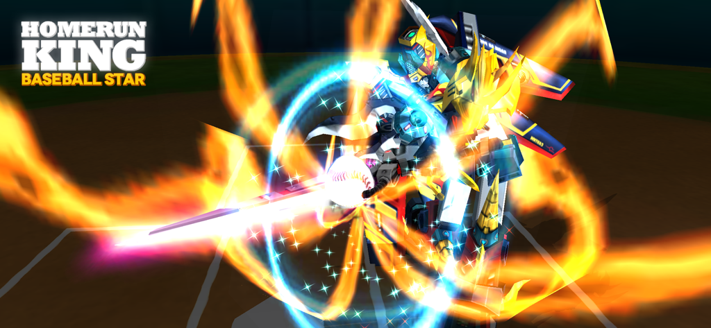 Homerun King™ - Baseball Star - A robotic batter hitting a baseball with fiery energy effects in Homerun King Baseball Star