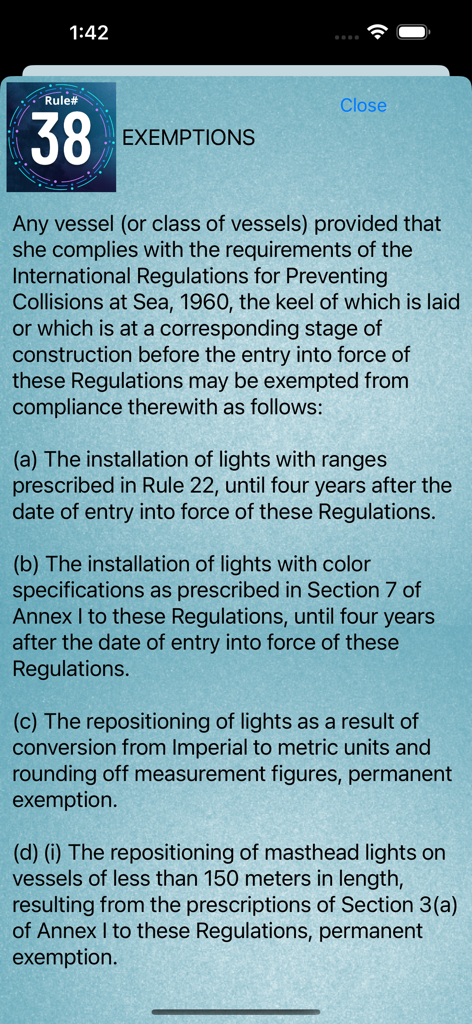 Sail Safe - Screenshot of the Sail Safe app displaying Rule 38 Exemptions for maritime vessel lights and regulations