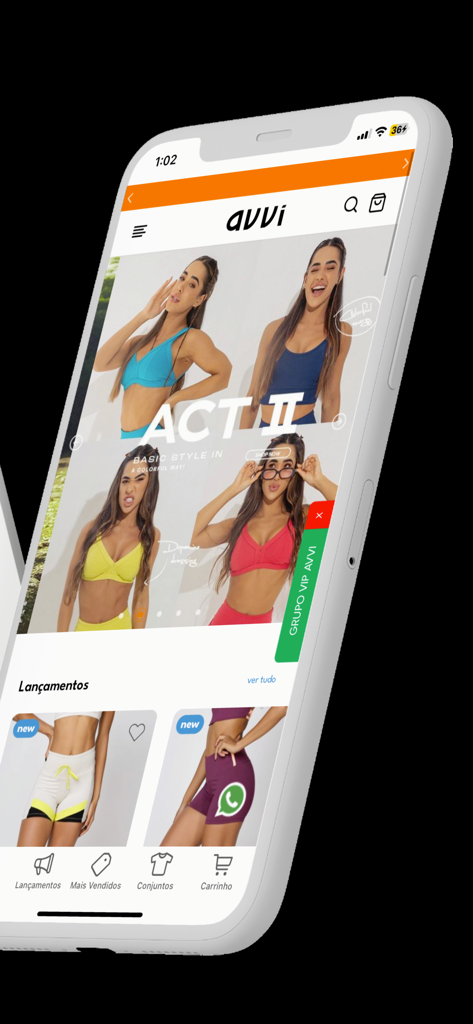 Interface do aplicativo de moda fitness AVVÍ apresentando roupas esportivas femininas