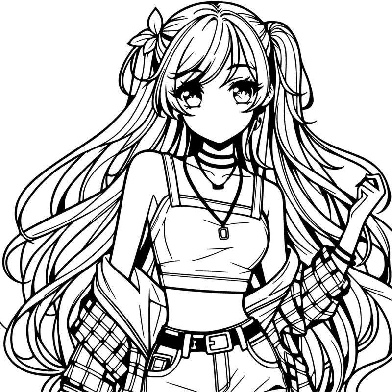 hot anime girl with long hair wearing a crop top and jorts