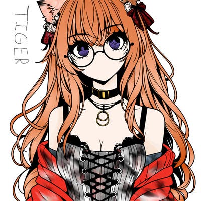 anime girl realistic with hot glasses and cat ears