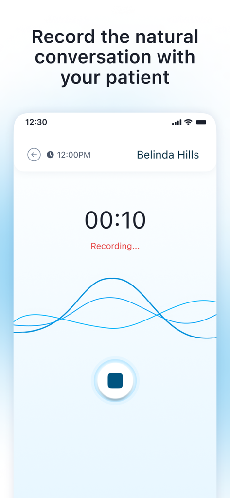 DeepScribe app interface recording a natural conversation with a patient showing a live audio waveform and timer
