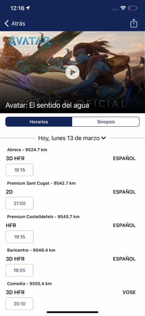 Ecrã da app móvel Cine Yelmo exibindo horários de filmes e localizações de cinemas para Avatar