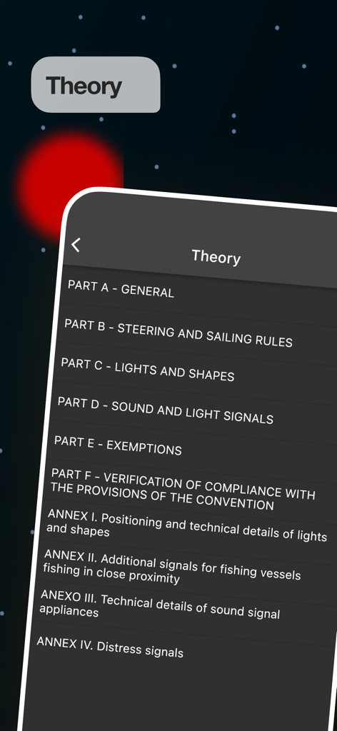 A list of theory sections in the COLREG 72 app including steering rules and distress signals