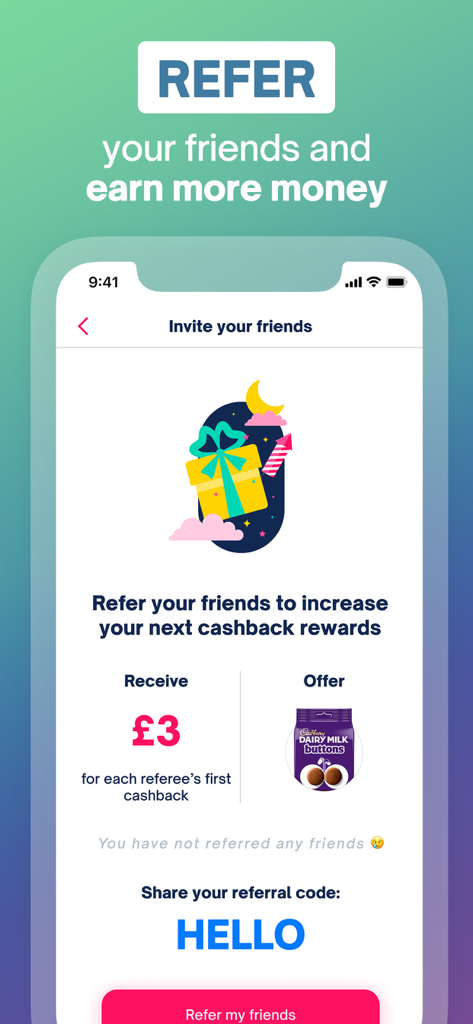 Interfaccia dell'app Shopmium per invitare amici e guadagnare ricompense in cashback.