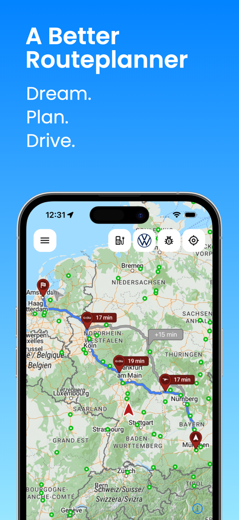 A Better Routeplanner app interface showing an electric vehicle trip route with charging stops on a map