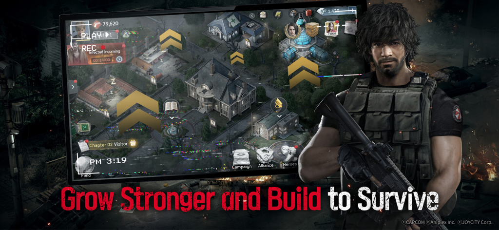 バイオハザード サバイバルユニットの基地管理画面の隣に、ライフルを持つ戦術兵士がいる。