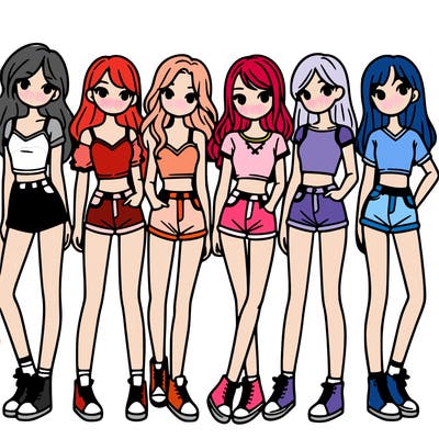 a group of girls wearing crop tops and shorts